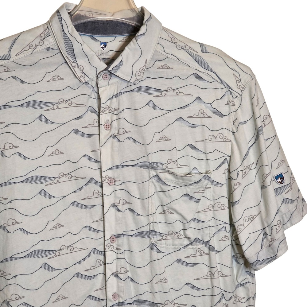 Kuhl Men's Large Button Down‎ Short Sleeve Shirt Mountains Print Beige